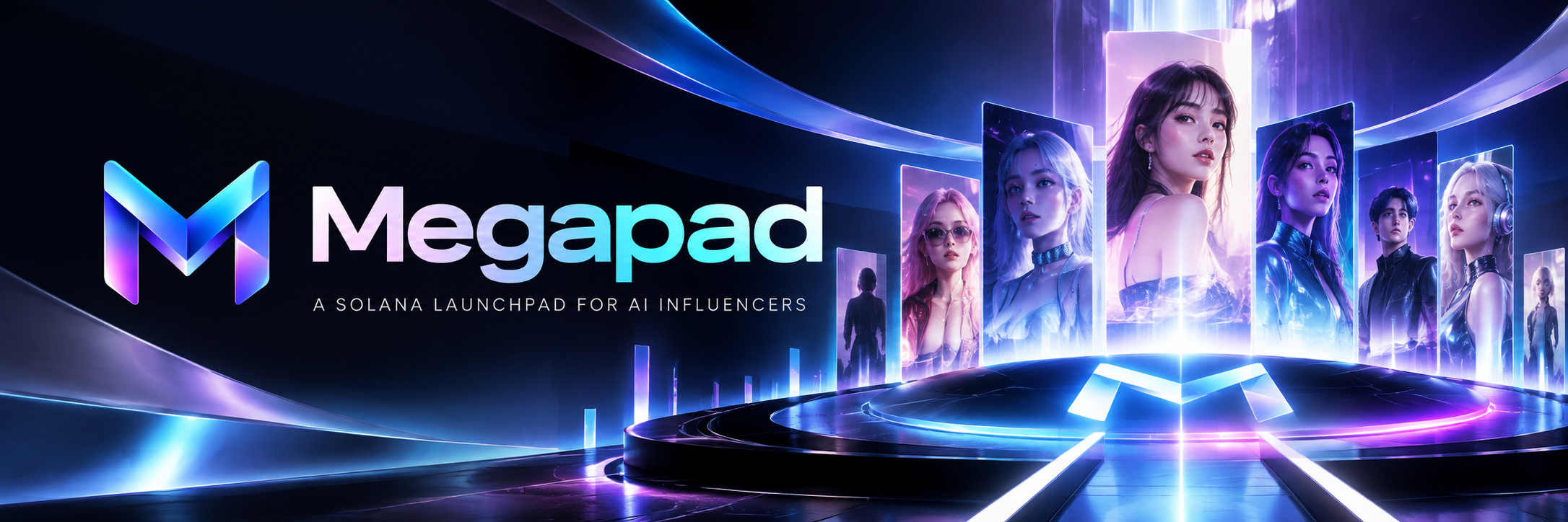 Megapad, a Solana launchpad for AI influencers, with a row of AI portraits on a dark stage.